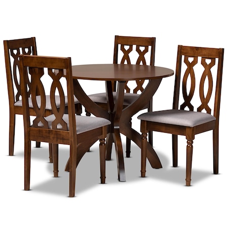 Baxton Studio Mona Grey Upholstered and Walnut Wood 5-Piece Dining Set 172-9878-10901